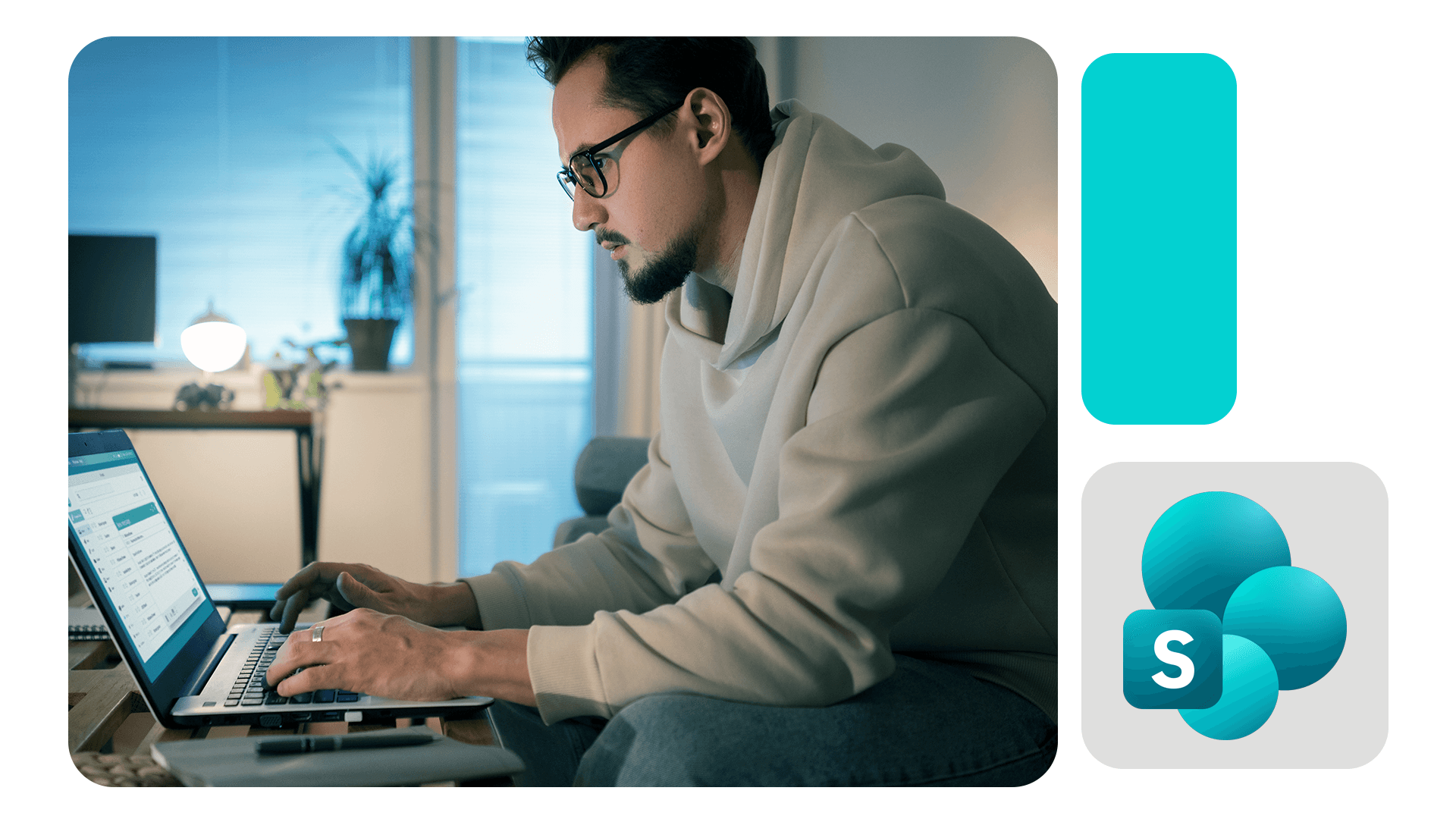Homem usando notebook em ambiente interno à noite, concentrado em organizar arquivos, com ícone do SharePoint ao lado.