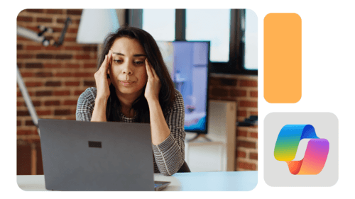 Mulher preocupada olha para o notebook apoiando o rosto nas mãos, em escritório com parede de tijolos ao fundo, com ícone colorido do Copilot Studio ao lado.