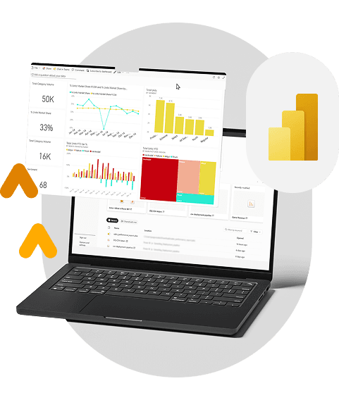 Dashboard do Power BI Dashboard do Power BI com indicadores de volume e market share, gráficos de linhas e barras e treemap, exibido sobre um notebook com o logo do Power BI ao lado