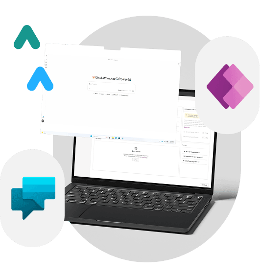 Power Platform Notebook com a interface do Claude aberta sobre um ambiente de desenvolvimento da Power Platform, com os logos do Power Apps e de chatbots da Microsoft ao lado